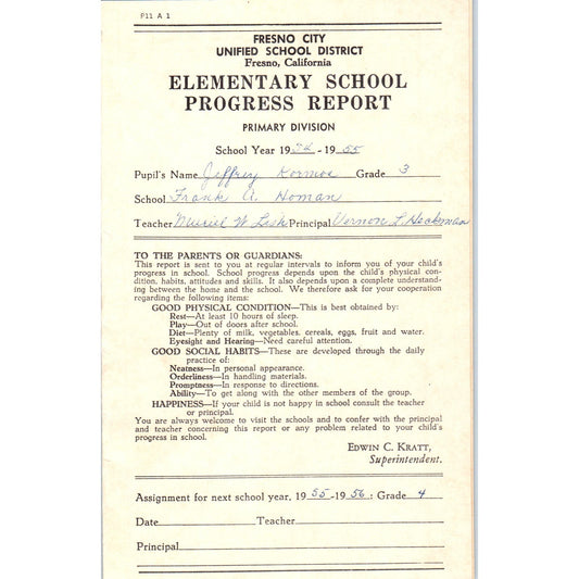 1954-55 Fresno City Schools Fresno CA Report Card Jeffrey Kormos Grade 3 AB9