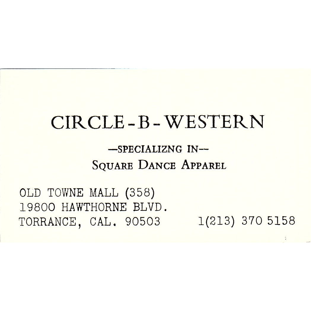 Circle-B-Western Square Dance Apparel Torrance CA Vintage Business Card SE5-B4