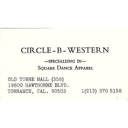 Circle-B-Western Square Dance Apparel Torrance CA Vintage Business Card SE5-B4