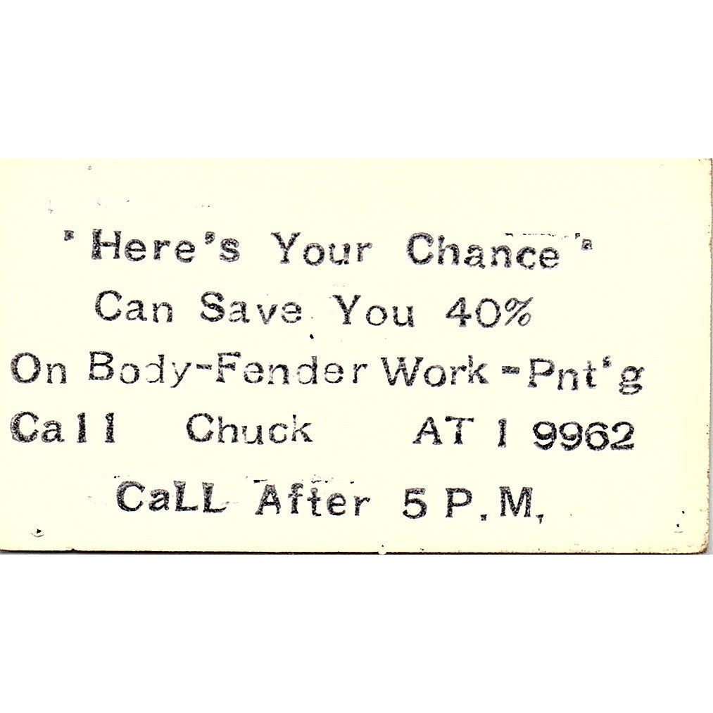 C.A. Anderson Chuck's Auto Works Pasadena CA Vintage Business Card SE3-B14