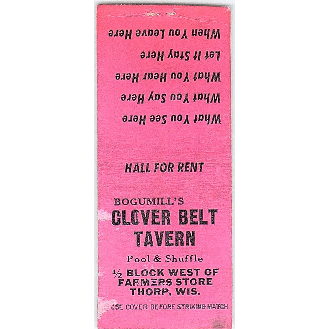 Bogumill's Clover Belt Tavern Thorp WI Vintage Matchbook Cover SC7-Y8