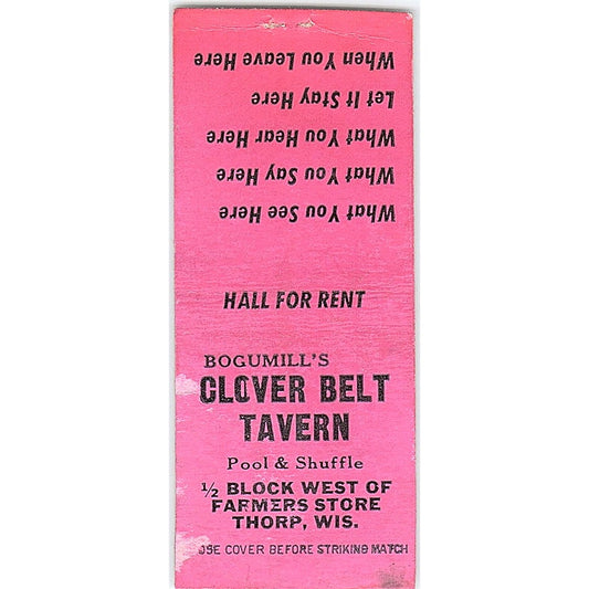 Bogumill's Clover Belt Tavern Thorp WI Vintage Matchbook Cover SC7-Y8
