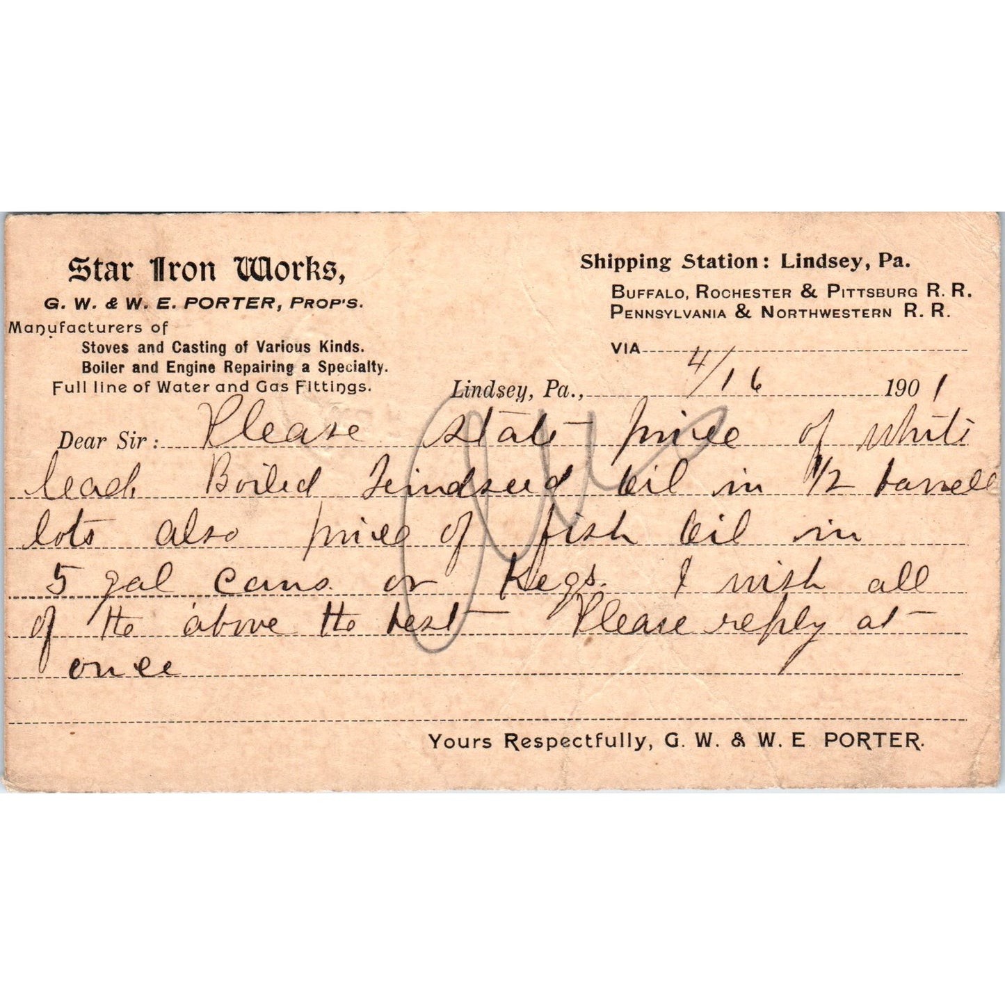 1901 Star Iron Works G.W. & W.E. Porter Lindsey PA Postal Mailing Card PE4