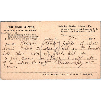 1901 Star Iron Works G.W. & W.E. Porter Lindsey PA Postal Mailing Card PE4