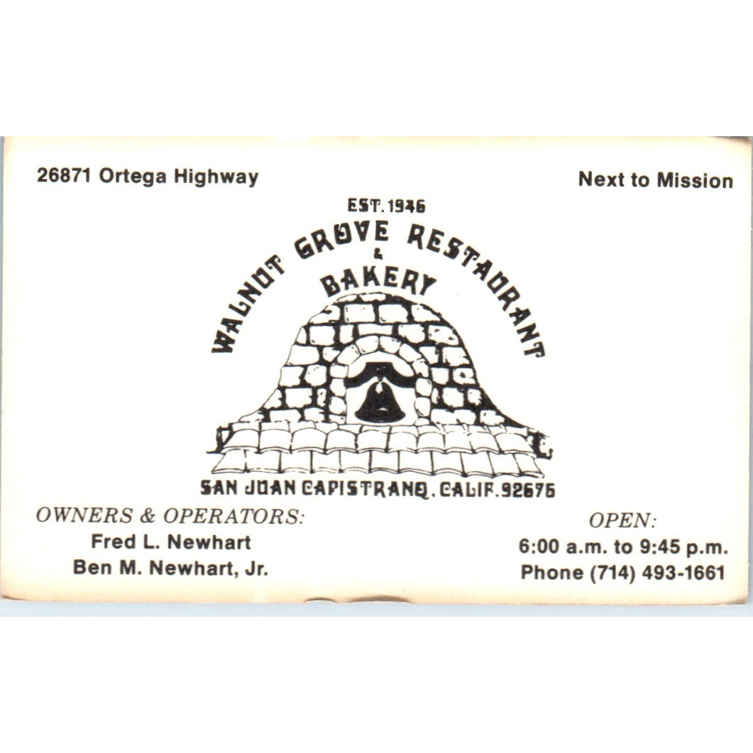 Walnut Grove Restaurant & Bakery San Juan Capistrano CA Vtg Business Card SD8-B6