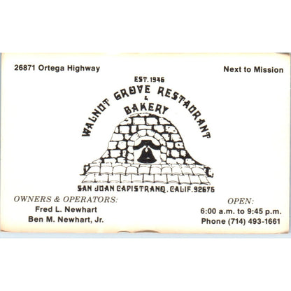 Walnut Grove Restaurant & Bakery San Juan Capistrano CA Vtg Business Card SD8-B6