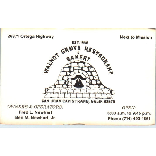 Walnut Grove Restaurant & Bakery San Juan Capistrano CA Vtg Business Card SD8-B6