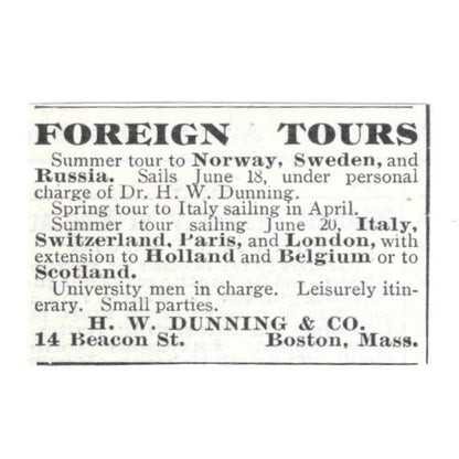 European Tours H.W. Dunning & Co Boston MA 1903 Ad AG3-S10