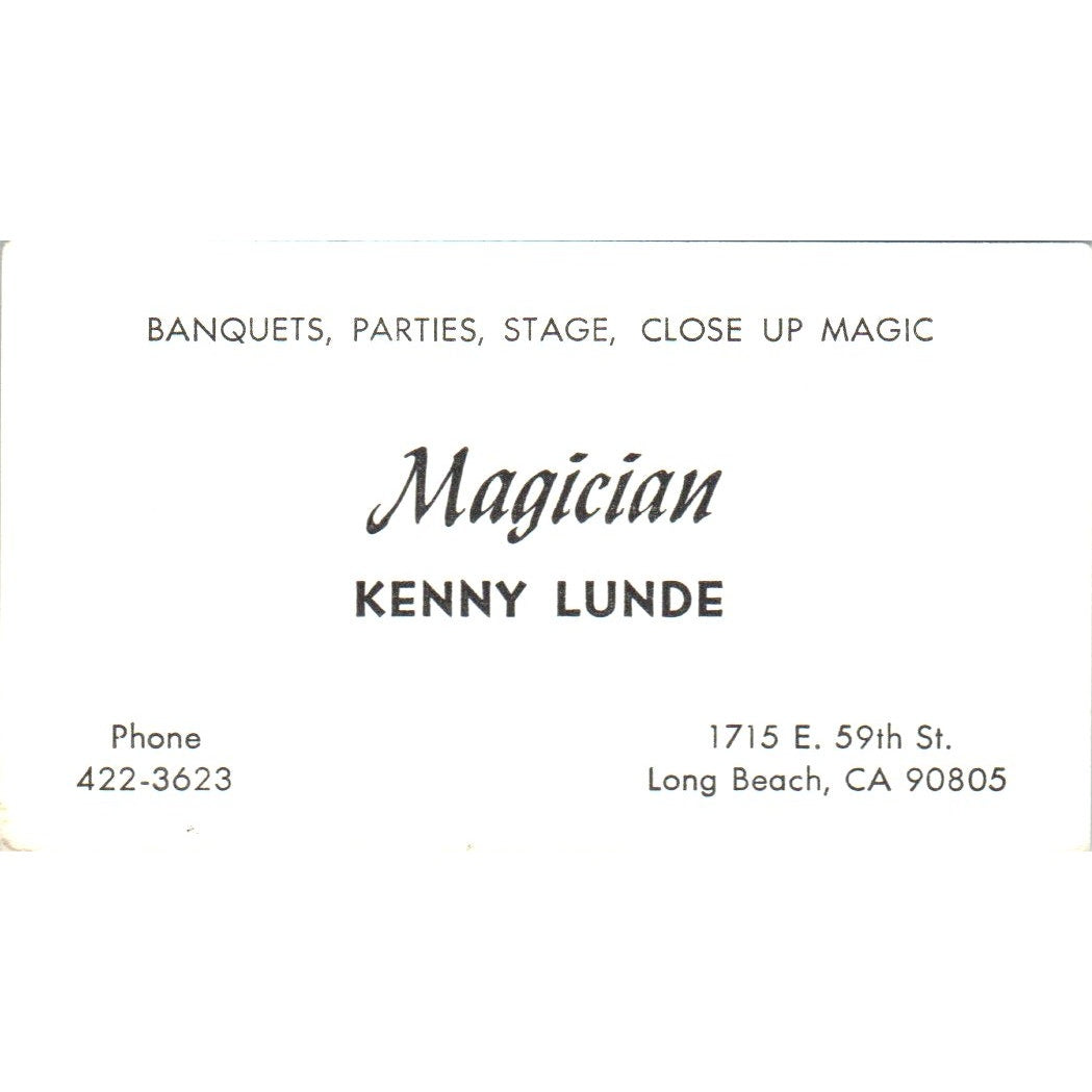 Magician Kenny Lunde Long Beach CA Vintage Business Card SE3-B7