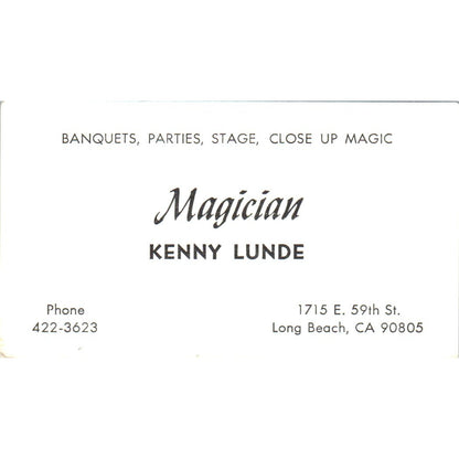 Magician Kenny Lunde Long Beach CA Vintage Business Card SE3-B7