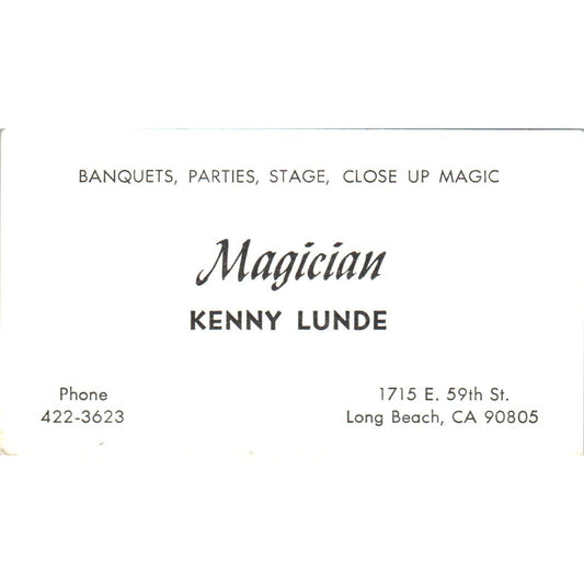 Magician Kenny Lunde Long Beach CA Vintage Business Card SE3-B7