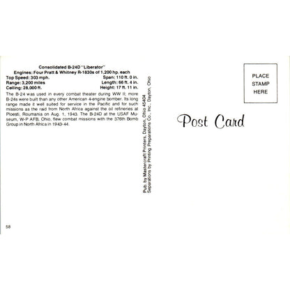 Consolidated B-24D Liberator Vintage Postcard PC1