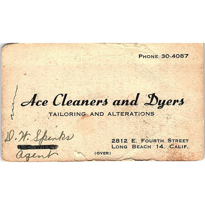 D.H. Spinks Ace Cleaners & Dryers Long Beach CA Vintage Business Card TH2-B1