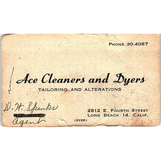 D.H. Spinks Ace Cleaners & Dryers Long Beach CA Vintage Business Card TH2-B1