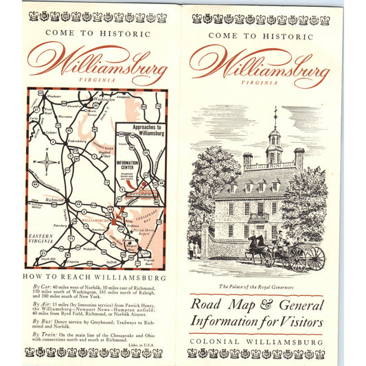 Vintage Historic Colonial Williamsburg Virginia Map & Brochure TF4-B3