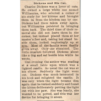 Charles Dickens and His Cat Milwaukee 1898 Newspaper Clip AF7-E12