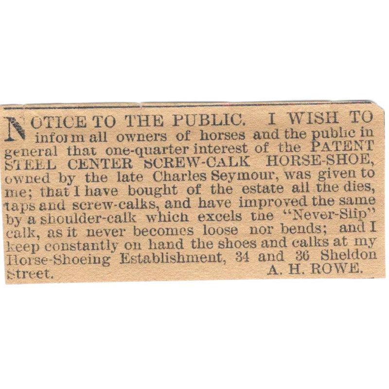 A.H. Rowe Steel Center Screw-Calk Horseshoe Hartford 1886 Newspaper Ad AF7-SS8