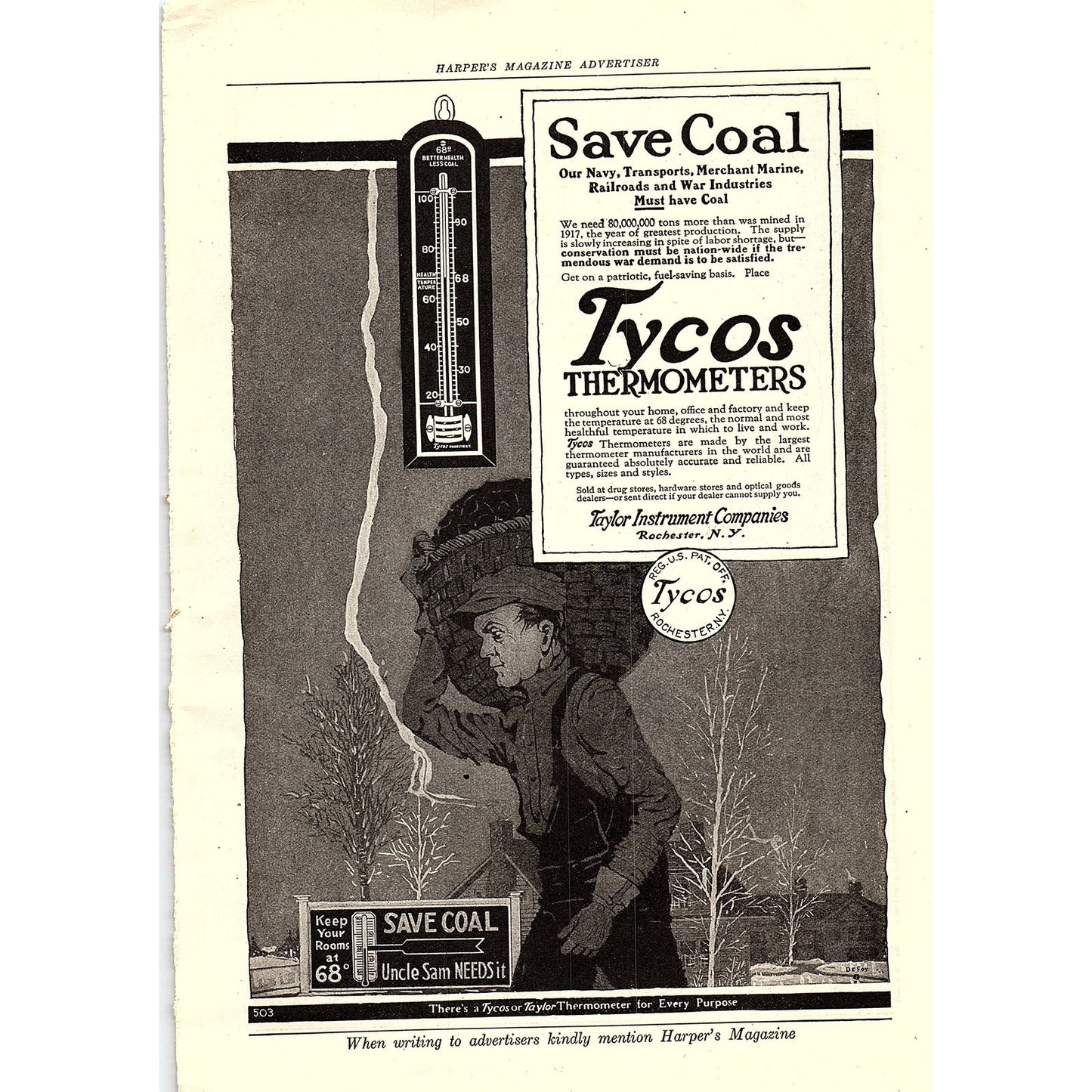 Taylor Instrument Companies Rochester NY Save Coal DeFox Art c1920 Ad AF8-7