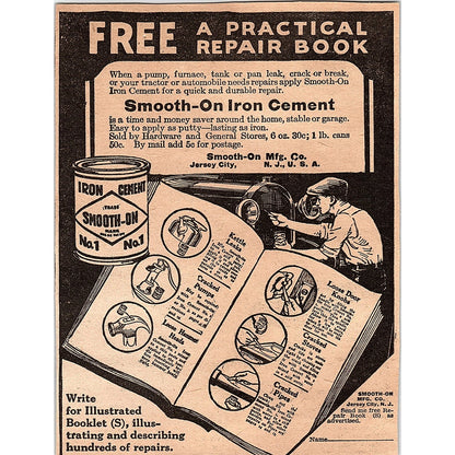 Smooth-On Iron Cement Smooth-On Mfg Co Jersey City NJ 1920 Ad AG2-6