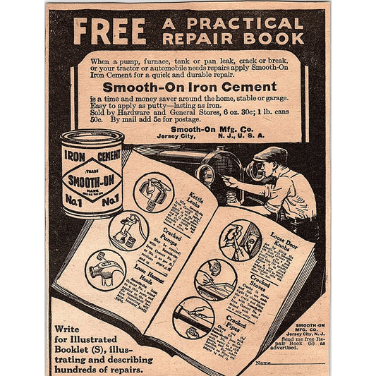 Smooth-On Iron Cement Smooth-On Mfg Co Jersey City NJ 1920 Ad AG2-6