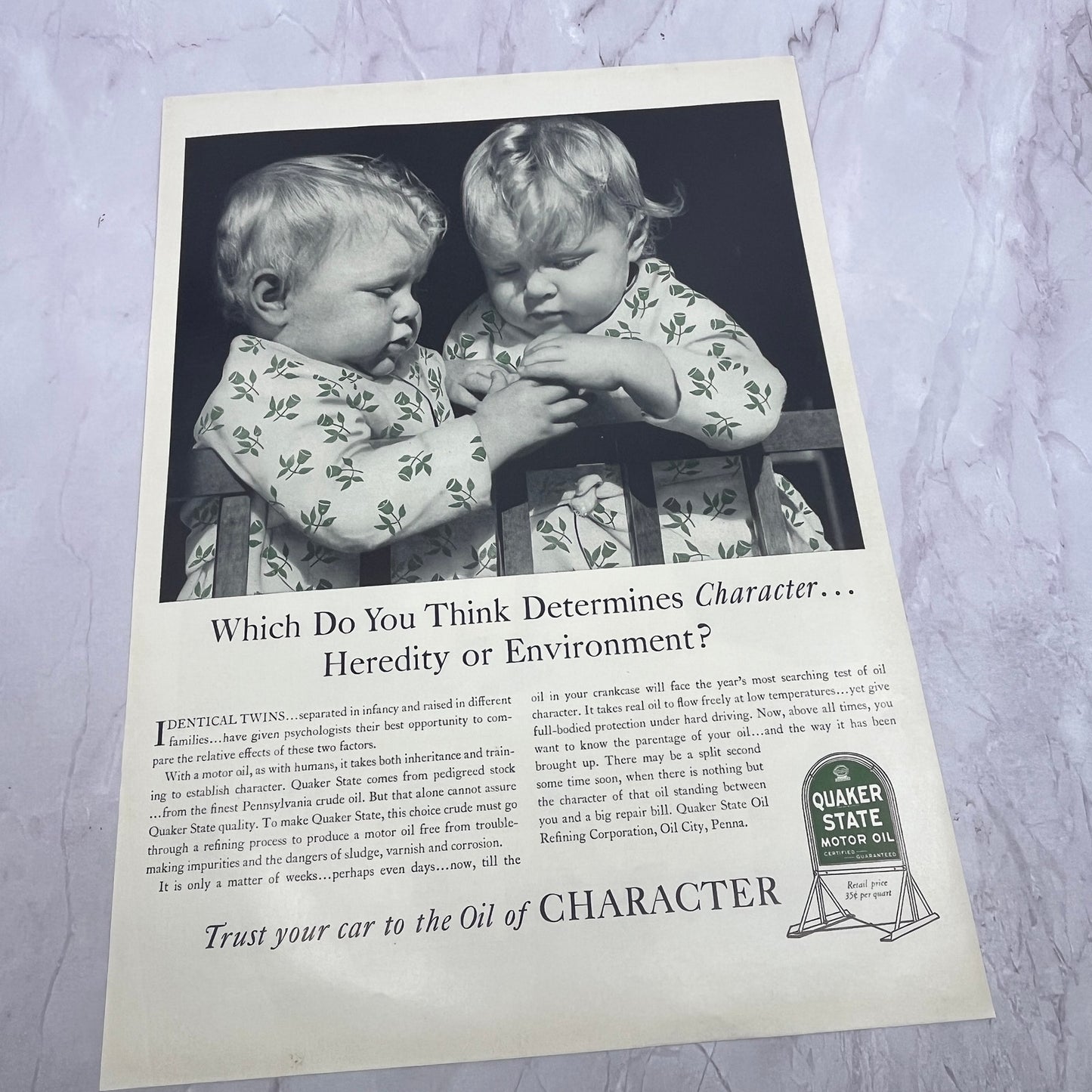 Quaker State Motor Oil Identical Twins 1940 Ad V14-8