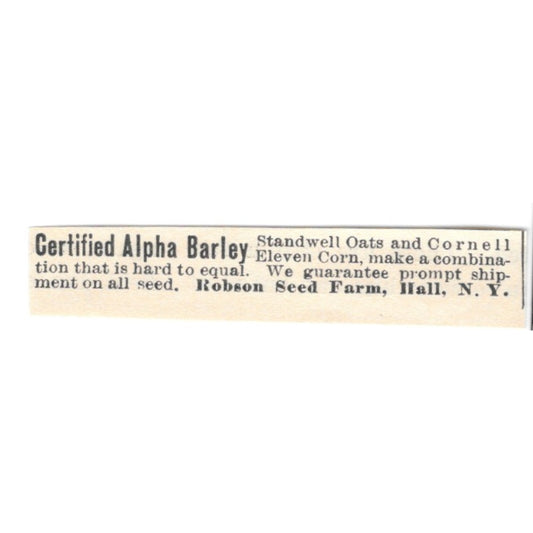 Certified Alpha Barley Robson Seed Farm Hall NY 1924 Ad AG3-S7