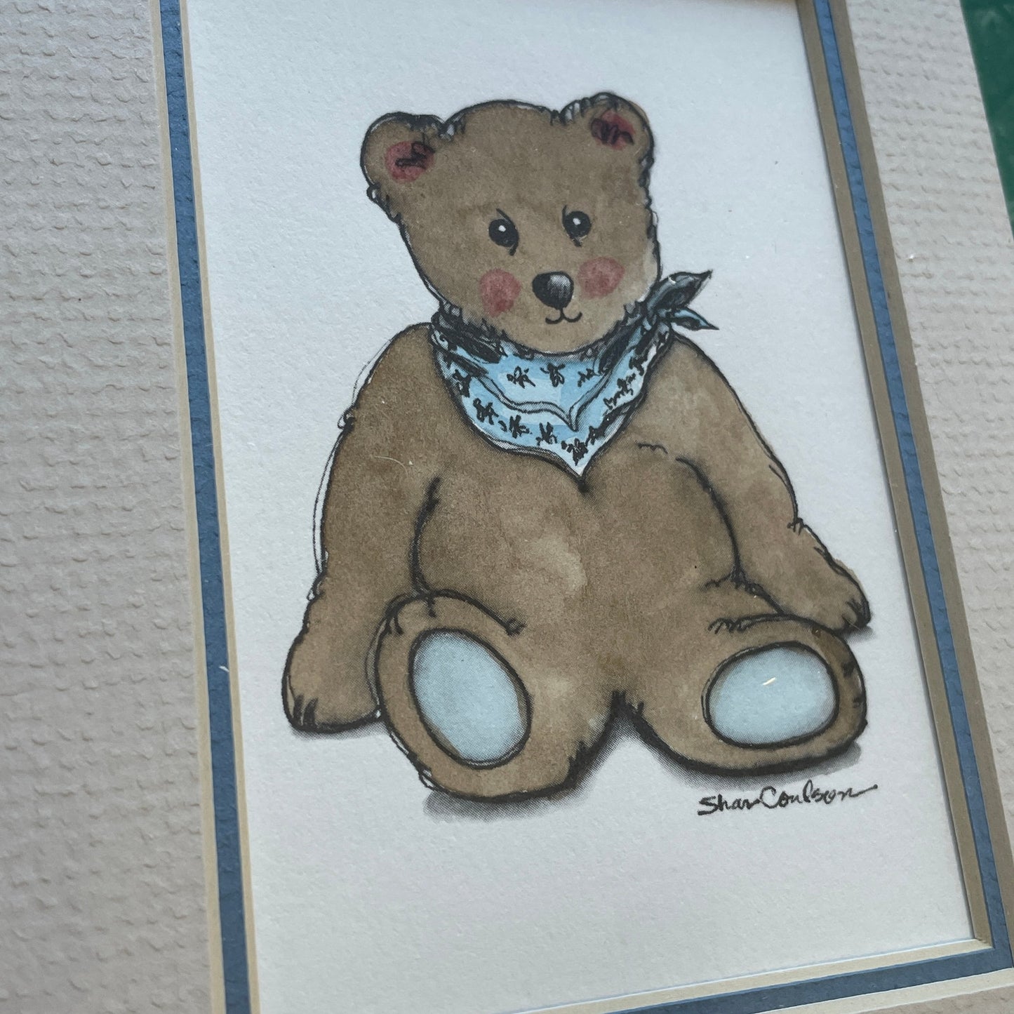 Teddy Bear Blue Accents 5x7 Matted Print Hand Watercolor, Signed Shar Coulson