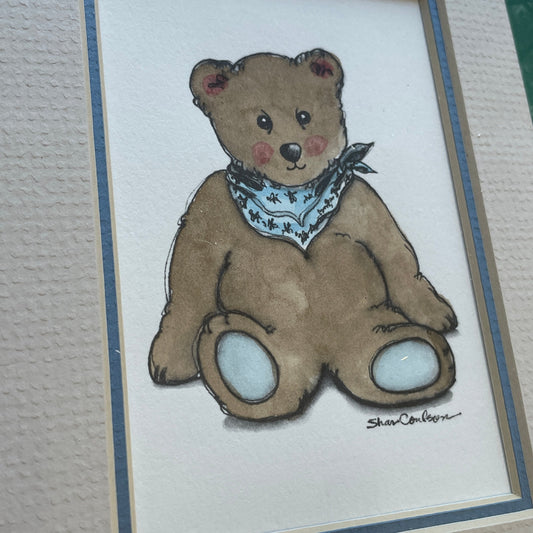 Teddy Bear Blue Accents 5x7 Matted Print Hand Watercolor, Signed Shar Coulson