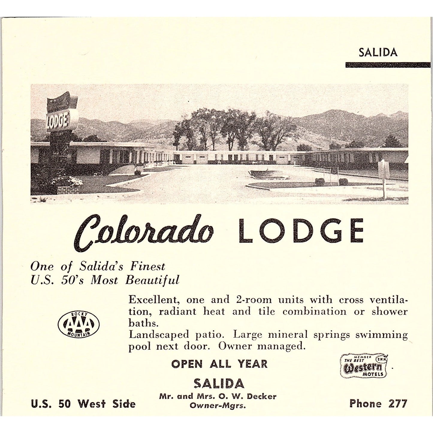 Colorado Lodge O.W. Decker Salida CO 1958 Ad AG1-H6