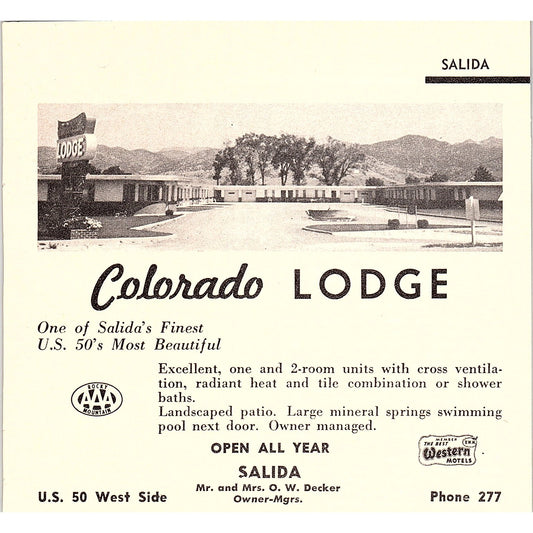 Colorado Lodge O.W. Decker Salida CO 1958 Ad AG1-H6