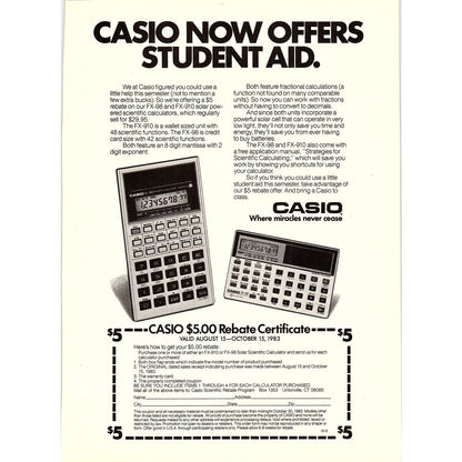 Casio Calculators FX-98 FX-910 Unionville CT 8x11" 1983 Ad D26