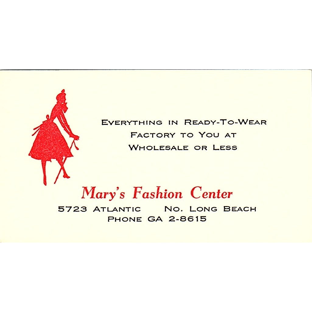 Mary's Fashion Center Long Beach Vintage Business Card SE5-B4
