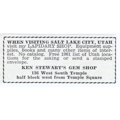 Ken Stewart's Gem Shop Temple Square Utah 1964 Magazine Ad AB6-S5