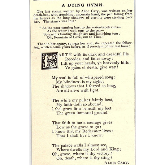 A Dying Hymn - Alice Cary 1884 Poem AG3-M1
