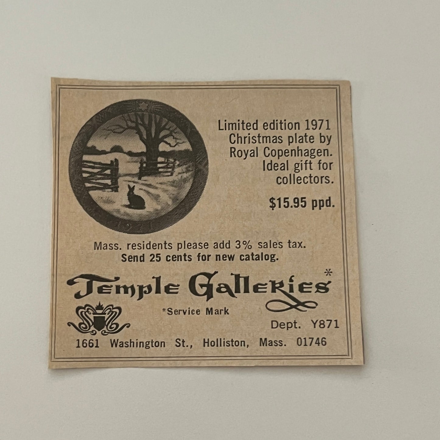Temple Galleries Limited Edition Holliston MA 1971 Magazine Ad SAG4-S15