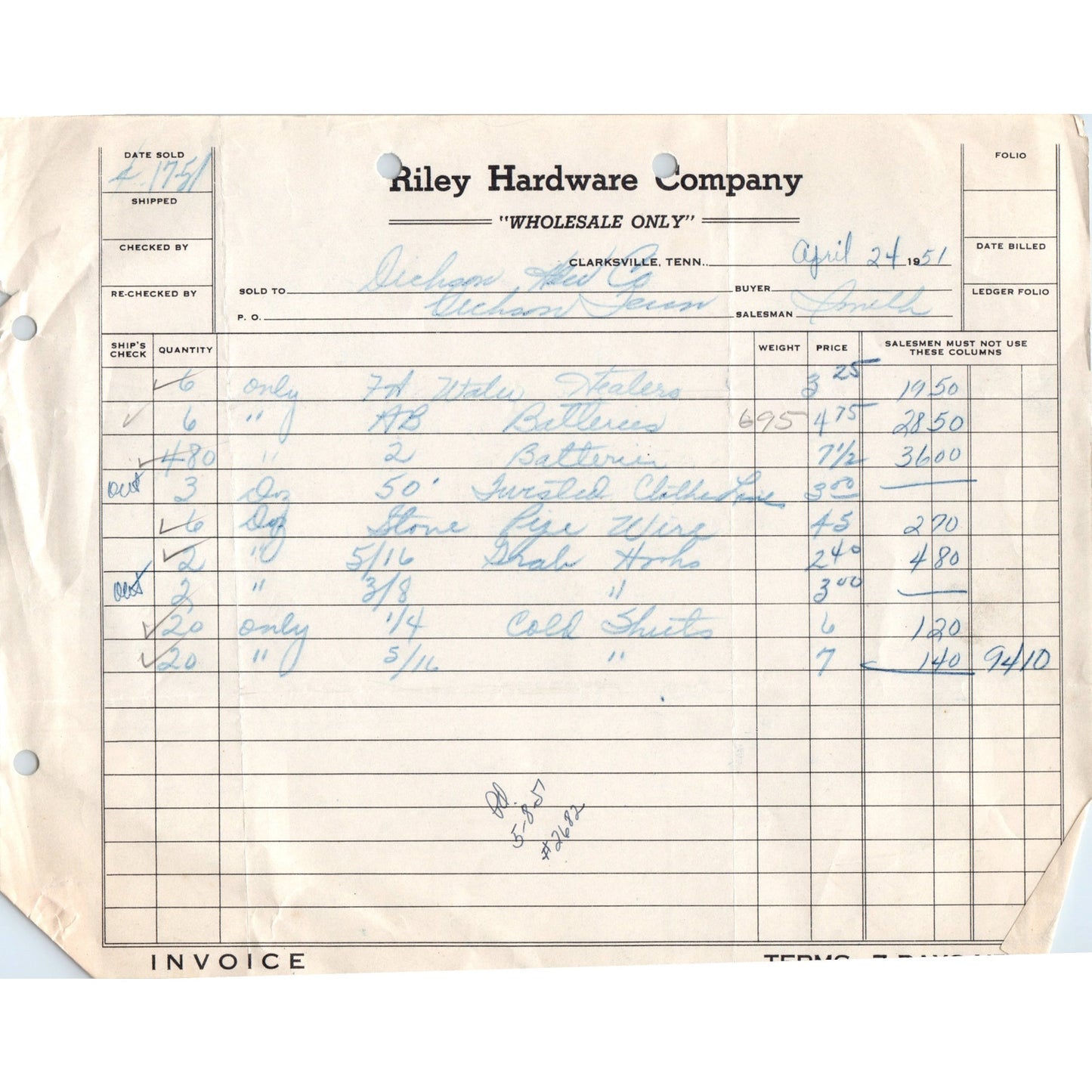 1951 Riley Hardware Company Clarksville Tennessee Letterhead Receipt D18