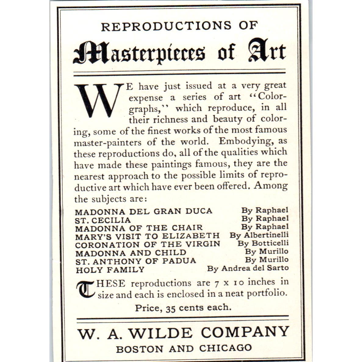 Reproductions of Masterpieces of Art W.A. Wilde Co c1905 Victorian Ad AE9-MA6