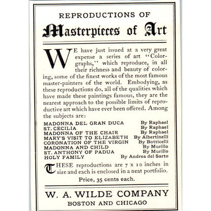 Reproductions of Masterpieces of Art W.A. Wilde Co c1905 Victorian Ad AE9-MA6