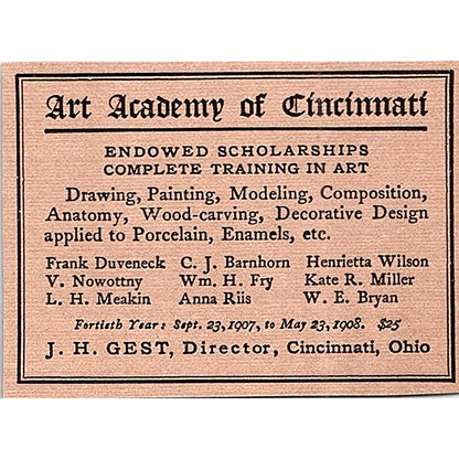 Art Academy of Cincinnati J.H. Gest - 1908 Ad AF4-8