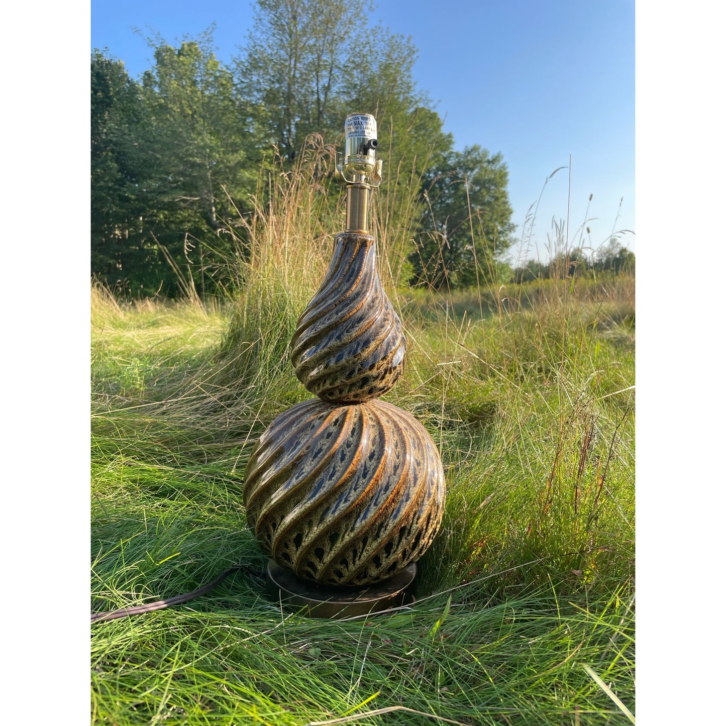 Tall Oversized MCM Style Brass Tone Tan/Brown Swirl Table Lamp