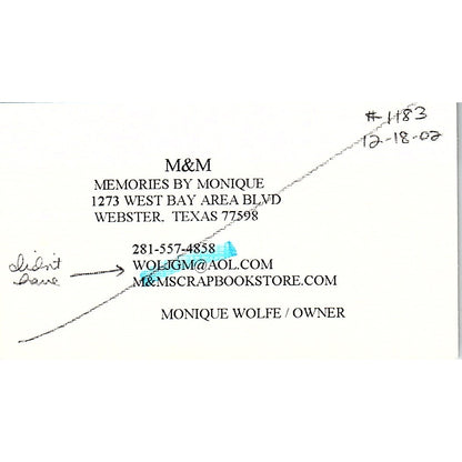 M&M Memories By Monique Wolfe Webster TX Vintage Business Card SC9-B9