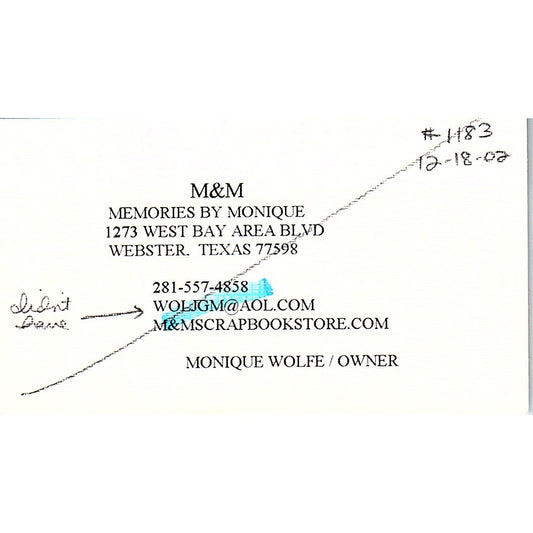 M&M Memories By Monique Wolfe Webster TX Vintage Business Card SC9-B9