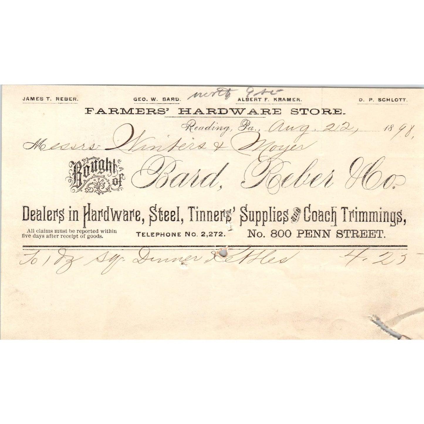 1898 Bard, Reber Co Hardware Reading PA Original Billhead Letterhead Receipt AE7