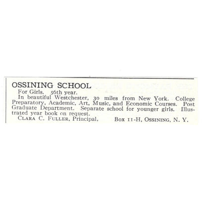 Ossining School for Girls Clara C. Fuller NY 1924 Magazine Ad AD8-O6