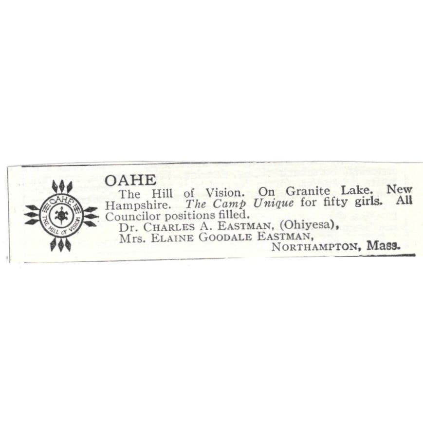 Oahe Camp on Granite Lake Charles A. Eastman Northampton c1918 Ad AE5-SA11