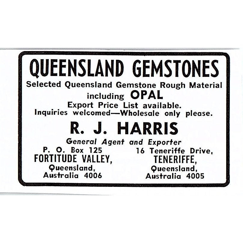 R.J. Harris Queensland Gems Fortitude Valley Teneriffe Australia 1972 Ad AF8-M3