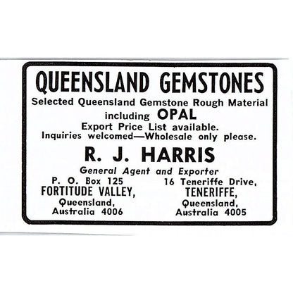R.J. Harris Queensland Gems Fortitude Valley Teneriffe Australia 1972 Ad AF8-M3