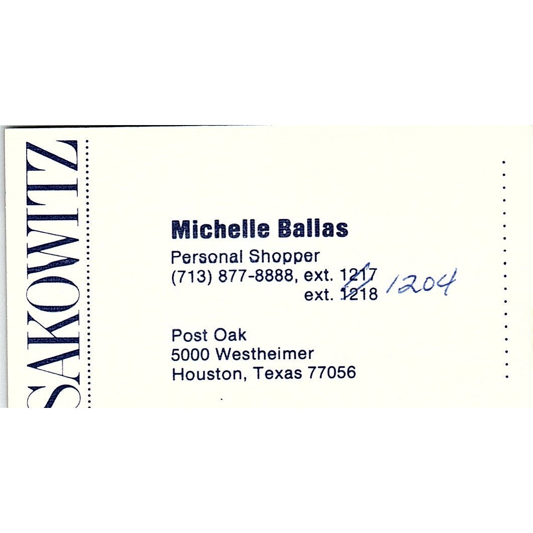 Sakowitz Michelle Ballas Houston Texas Vintage Business Card SB4-B8