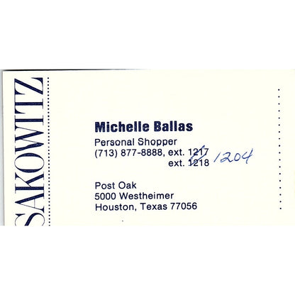 Sakowitz Michelle Ballas Houston Texas Vintage Business Card SB4-B8