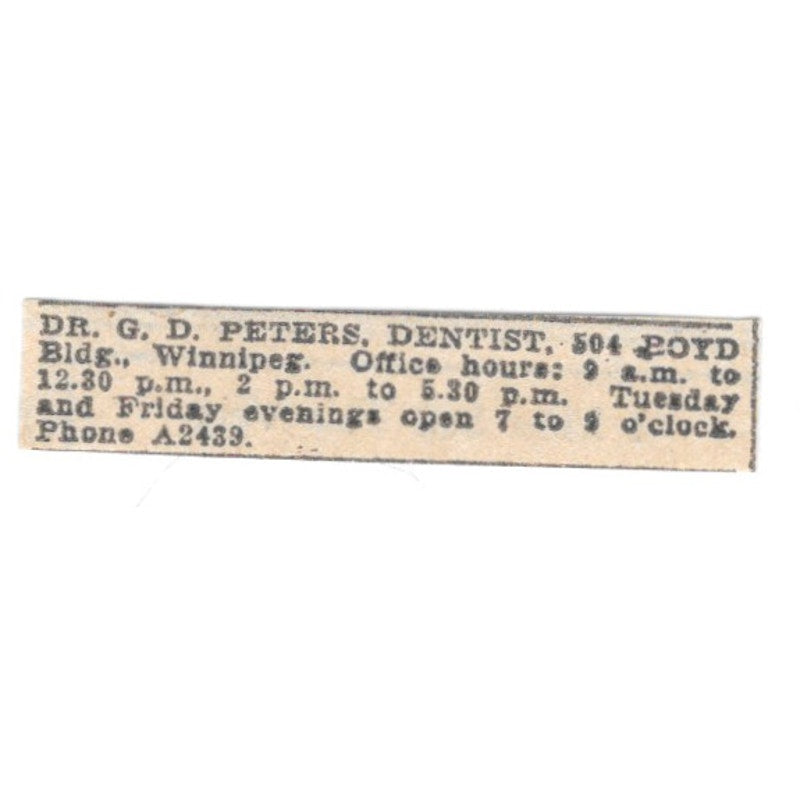 Dr G.D. Peters Dentist Boyd Building Winnipeg 1920 Ad AG2-S4